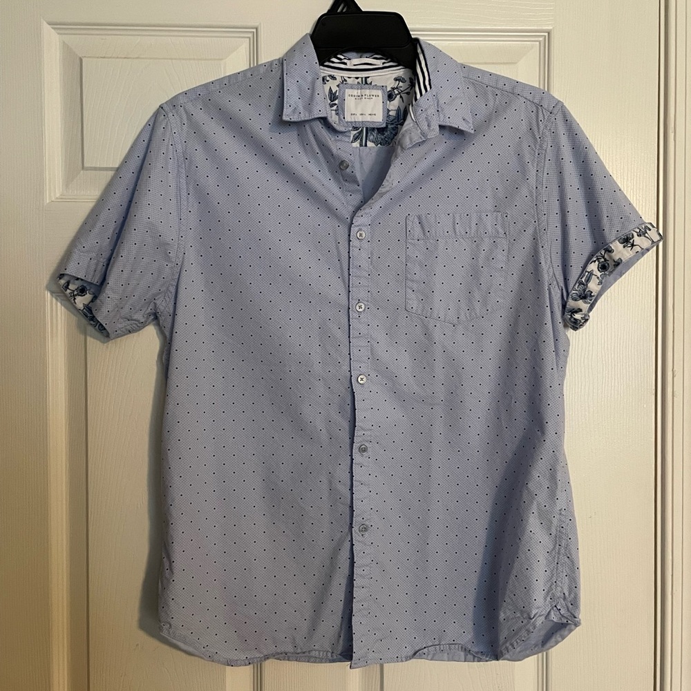 Denim & Flower Men's Light Blue with Navy Polka Dot Shirt size Large